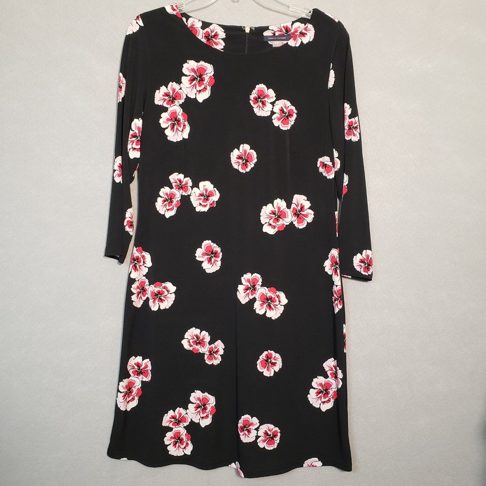 Tommy Hilfiger 10 Sheath Dress Black Pink Floral Hibiscus 3/4 Sleeve Tropical